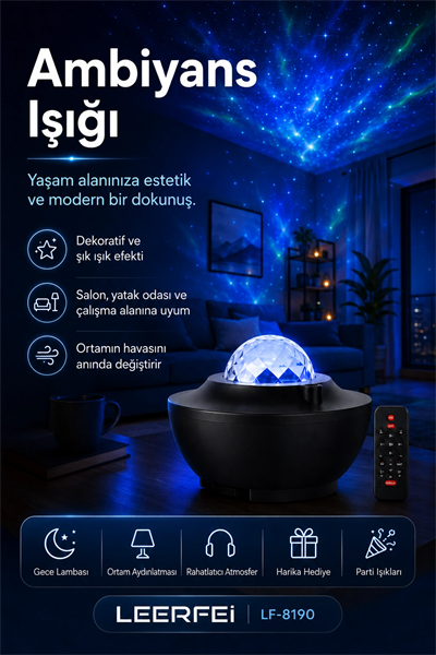 Uzaktan Kumandalı Yıldızlı Gökyüzü Projektörü Gece Lambası Ambiyans Işıklı