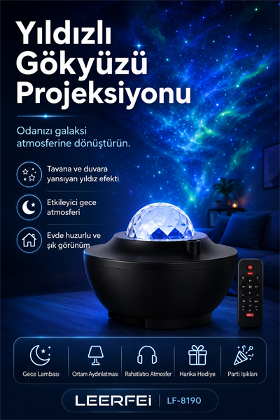 Uzaktan Kumandalı Yıldızlı Gökyüzü Projektörü Gece Lambası Ambiyans Işıklı