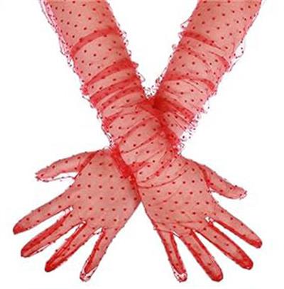 Uzun Boy Kırmızı Puantiyeli Kırmızı Renk Yetişkin Tül Eldiven 55 cm (3936)