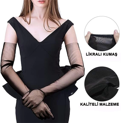 Uzun Boy Likralı Siyah Renk Yetişkin Mega Tül Eldiven 53 cm
