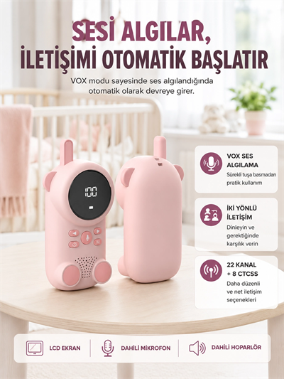 Uzun Menzilli Bebek Telsizi 1-3 Km Çekim 22 Kanal LCD Ekran VOX Şarjlı