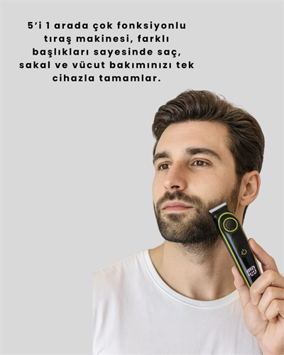 Uzun Pil Ömürlü LED Göstergeli Erkek Bakım Seti 5-in-1 Saç Sakal Tıraş Makinesi