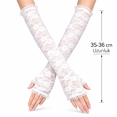Uzun Zarif Dantel Eldiven Parmaksız Beyaz 35 Cm