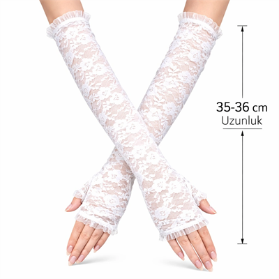 Uzun Zarif Dantel Eldiven Parmaksız Beyaz 35 cm