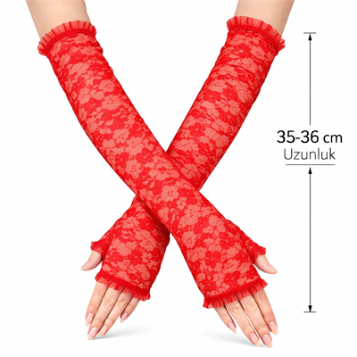 Uzun Zarif Dantel Eldiven Parmaksız Kırmızı 35 Cm