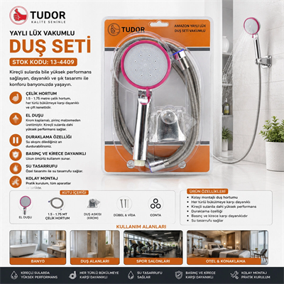 Vakumlu - Krom Lüks Duş Seti Metal Yaylı Hortum=150cm Mafsal Bx40