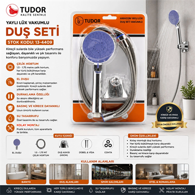 Vakumlu - Krom Lüks Duş Seti Metal Yaylı Hortum=150cm Mafsal Bx40