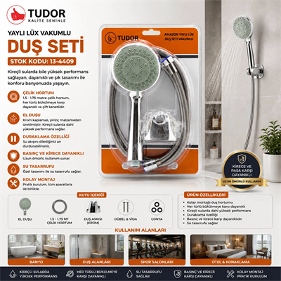 Vakumlu - Krom Lüks Duş Seti Metal Yaylı Hortum=150cm Mafsal Bx40