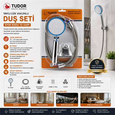 Vakumlu - Krom Lüks Duş Seti Metal Yaylı Hortum=150cm Mafsal Bx40