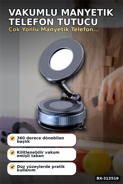 Vakumlu Emişli 360 Derece Döner Manyetik Telefon Tutucu - Güçlü Mıknatıslı Araba Masaüstü BX-313519