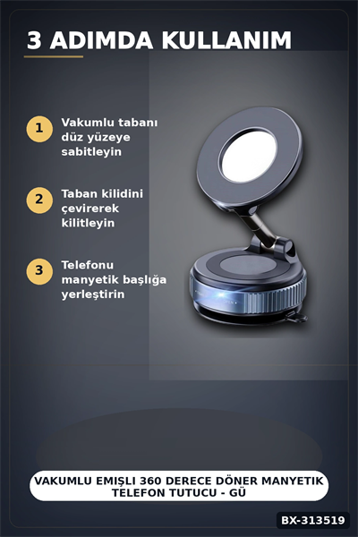 Vakumlu Emişli 360 Derece Döner Manyetik Telefon Tutucu - Güçlü Mıknatıslı Araba Masaüstü BX-313519