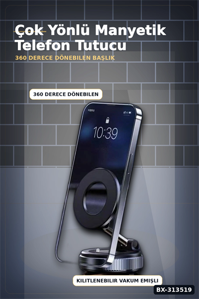 Vakumlu Emişli 360 Derece Döner Manyetik Telefon Tutucu - Güçlü Mıknatıslı Araba Masaüstü BX-313519