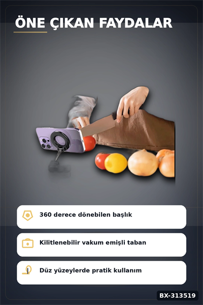 Vakumlu Emişli 360 Derece Döner Manyetik Telefon Tutucu - Güçlü Mıknatıslı Araba Masaüstü BX-313519