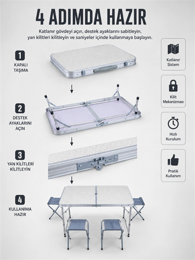 Valiz Tipi Katlanabilir Piknik Masası 4 Tabureli Taşınabilir Kamp Masası