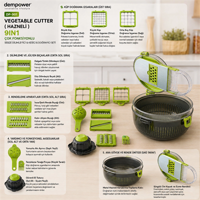 Vegetable Cutter Hazneli 9ın1 Çok Fonksiyonlu Sebze Dilimleyici - Kesici - Doğrayıcı Seti Dp-901 Bx40