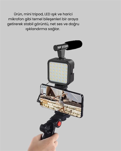 Video Çekim Kiti Tripod LED Işık Harici Mikrofon ve Bluetooth Kumanda Seti