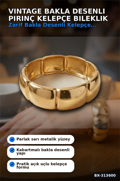 Vintage Bakla Desenli Pirinç Kalın Kelepçe Bileklik - 1 Adet, Kadın Takı Aksesuarı BX-313600