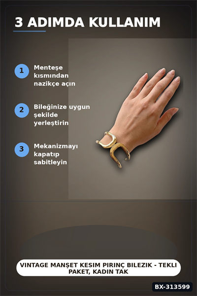 Vintage Manşet Kesim Pirinç Bilezik - Tekli Paket, Kadın Takı Aksesuarı BX-313599