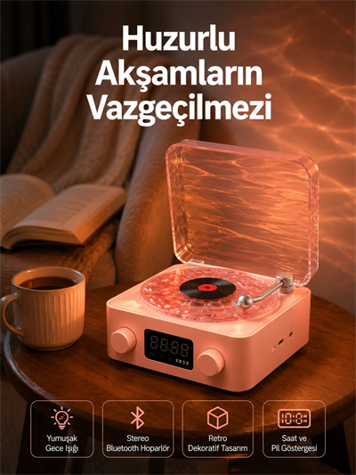 Vintage Tarz Bluetooth Hoparlör – Gece Işığı ve Zaman Göstergeli Yeni Nesil