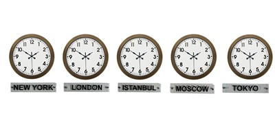 Vintage World Time – 5’li Eskitme 36 Cm Metal Tabelalı Dünya Saatleri