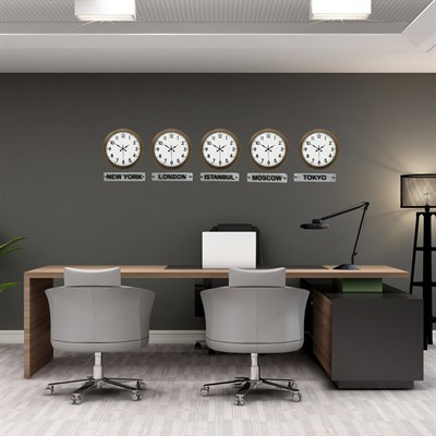 Vintage World Time – 5’li Eskitme 36 Cm Metal Tabelalı Dünya Saatleri