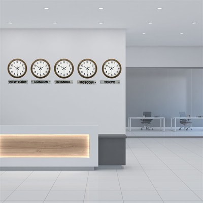 Vintage World Time – 5’li Eskitme 36 Cm Metal Tabelalı Dünya Saatleri