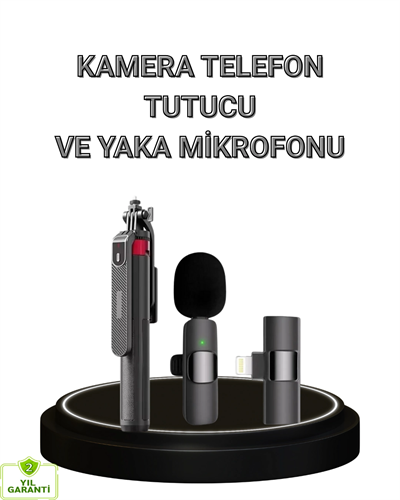 Vlog ve Canlı Yayın İçin Çift Yaka Mikrofonu ve Tripodlu Selfie Çubuğu Seti