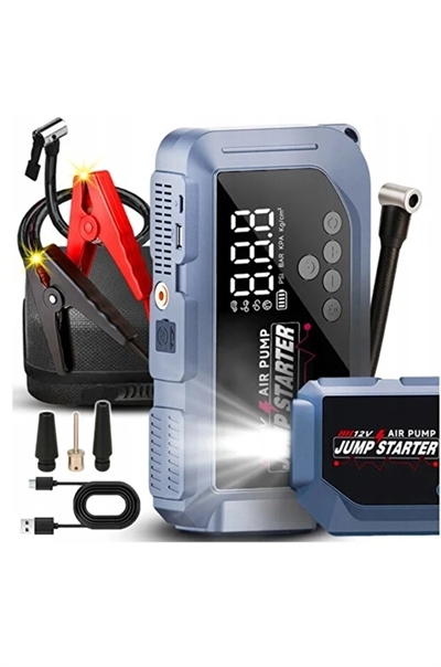 Vtn-605 Şarjlı 12.000 Mah Taşınabilir Çantalı Araç Akü Şarj Takviyeli Işıklı Hava Kompresörü