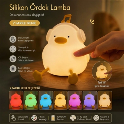 Vurmalı 7 Renkli Silikon Ördek Led Masa Lambası, Müzisyen Tasarımlı, Dokunmatik Renk Değiştiren Dekoratif Usb Gece Lambası Bx40