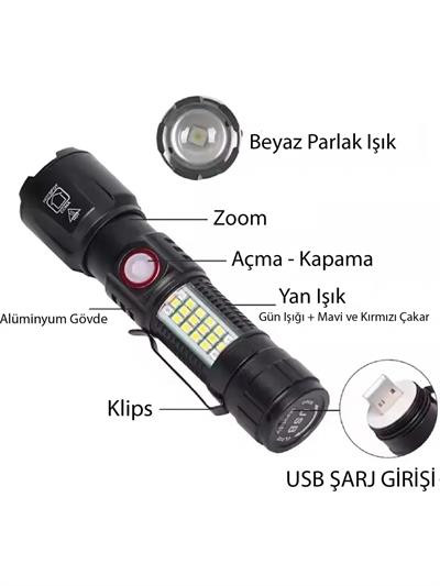 WS-2828 Ultra USB Şarjlı Polis El Feneri, Bekçi, Asker El Feneri Kırmızı Mavi Çakarlı 1000 Lümen (3936)
