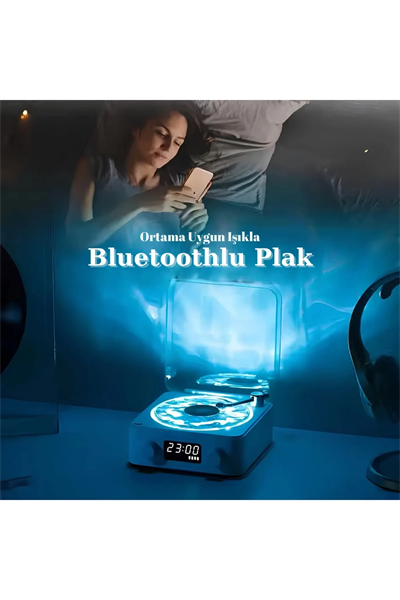 Waves Nostalji Plak Görünümlü Bluetooth Hoparlör 3d Ses Dalgası Retro Müzik Plak Mavi