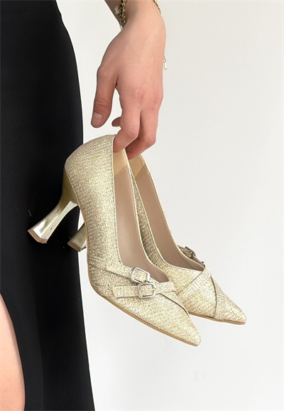 Wenda Gold Simli Cilt Topuklu Ayakkabı