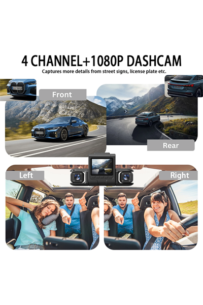 Wi-Fi Bağlantılı 1080P HD 4 Kameralı Araç İçi Kayıt Sistemi, 2.4 İnç Ekran ve Gece Görüş Özellikli