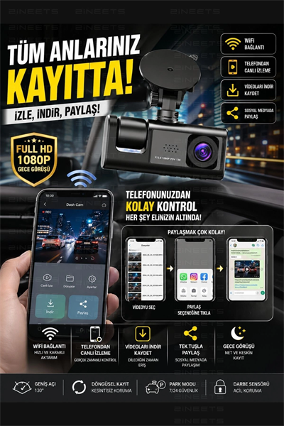 WiFi 1080p 3 Kameralı Araç İçi Kamera LCD Ekranlı Gece Görüşlü G Sensörlü Geniş Açılı