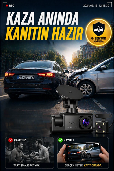WiFi 1080p 3 Kameralı Araç İçi Kamera LCD Ekranlı Gece Görüşlü G Sensörlü Geniş Açılı