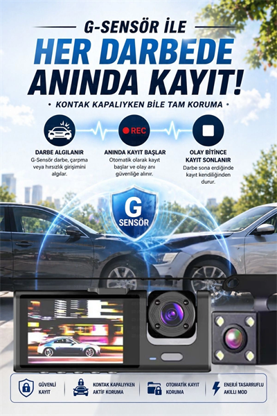 WiFi 1080p 3 Kameralı Araç İçi Kamera LCD Ekranlı Gece Görüşlü G Sensörlü Geniş Açılı