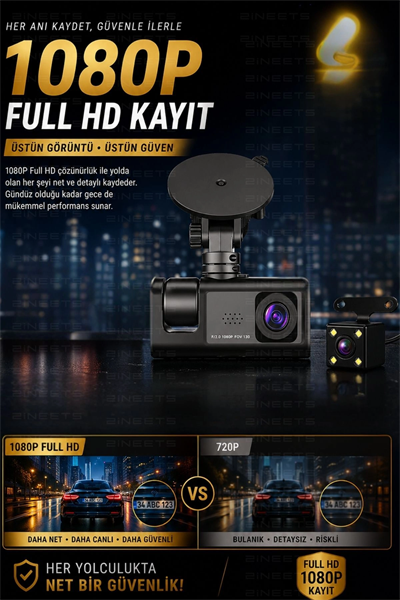 WiFi 1080p 3 Kameralı Araç İçi Kamera LCD Ekranlı Gece Görüşlü G Sensörlü Geniş Açılı