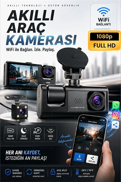 WiFi 1080p 3 Kameralı Araç İçi Kamera LCD Ekranlı Gece Görüşlü G Sensörlü Geniş Açılı