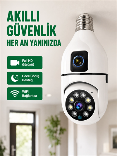 WiFi Ampul Güvenlik Kamerası 1080P Full HD Gece Görüşlü ve Hareket Algılamalı