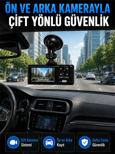 WiFi Çift Kameralı Araç İçi Kayıt Kamerası 1080P Full HD 170° Geniş Açılı Araç Kamerası