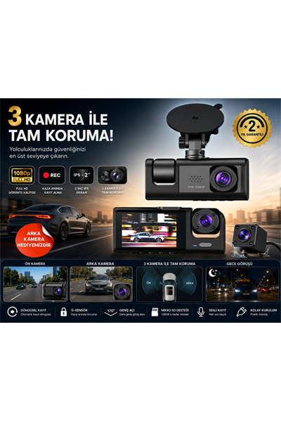 WiFi Destekli 1080p 3 Kameralı Araç İçi Kamera LCD Ekranlı Gece Görüşlü G Sensörlü