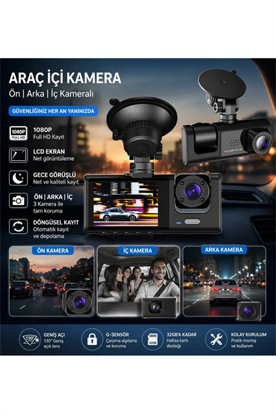 WiFi Destekli 1080p 3 Kameralı Araç İçi Kamera LCD Ekranlı Gece Görüşlü G Sensörlü