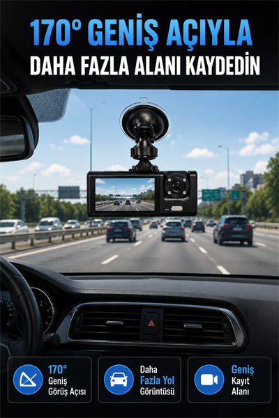 WiFi Destekli Araç İçi Kamera Çift Kameralı Full HD 1080P 170° Geniş Açılı Araç Kayıt Kamerası