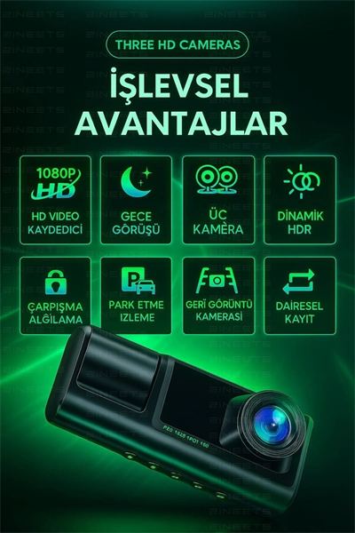Wifi 1080p Araç içi 3 Kameralı Lcd Ekranlı Gece Görüşlü , G-sensör , Geri Görüş Kamera