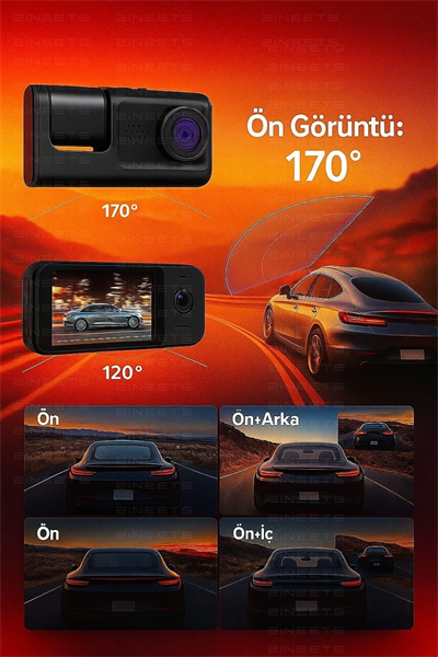 Wifi 1080p Araç içi 3 Kameralı Lcd Ekranlı Gece Görüşlü , G-sensör , Geri Görüş Kamera