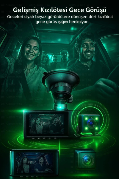 Wifi 1080p Araç içi 3 Kameralı Lcd Ekranlı Gece Görüşlü , G-sensör , Geri Görüş Kamera