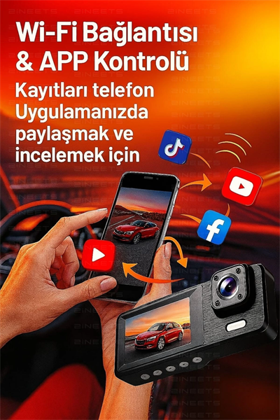 Wifi 1080p Araç içi 3 Kameralı Lcd Ekranlı Gece Görüşlü , G-sensör , Geri Görüş Kamera