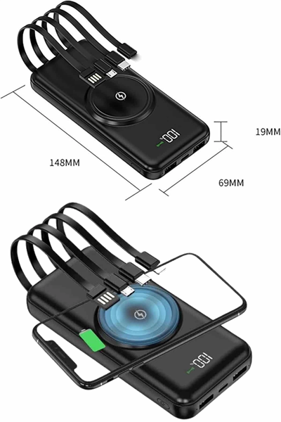 Wireless Powerbank 10000 Mah LED Ekranlı Dahili Kablolu Hızlı Şarj