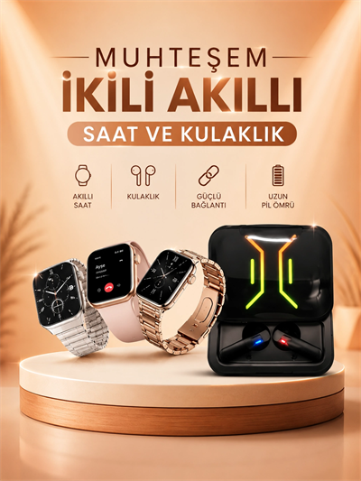 Wireless Şarjlı Akıllı Saat ve Dijital Göstergeli Kablosuz Bluetooth Kulaklık Nabız Ölçer