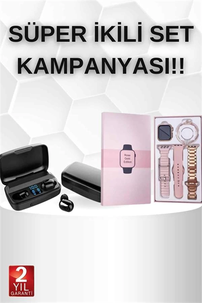 Wireless Şarjlı Pembe Akıllı Saat ve Kablosuz Bluetooth Kulaklık Dokunmatik Kontrol